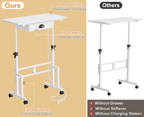 Cidaziya Small Adjustable Height Standing Desk with Storage Drawers, Rolling Sit Stand Up Desk with Wheels Charging Station, Adjustable Mobile Portable Table for Walking Pad Laptop Treadmill Computer