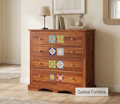 Image of Wooden Chest of Drawers for Living Room with 4 Drawer - Solid Wood Chest of Drawers Wooden Drawer Cabinet Chest of Drawer for Bedroom Storage Cabinet (James, Honey Finish)