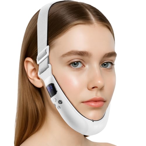 Electric Double Chin Device and V-Face Machine with 8 Modes and 15 Gear Adjustable Intensities - for Jawline Sculptor and Face Slimmer - White