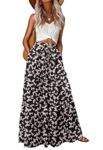 Image of Lepunuo Womens Casual Boho High Waisted Flowy Maxi Skirts Tiered Floral Long Skirts with Pockets for Summer Beach Vacation