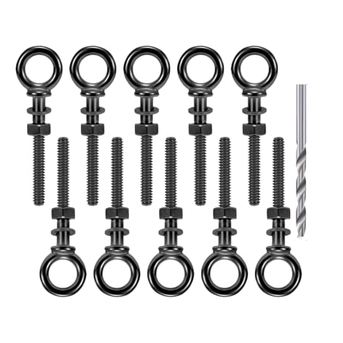 Image of Helffer 10 Pack Black Titanium Shoulder Eye Bolt, 1 /4 inch x 2 inch Shank T316 Stainless Steel Heavy Duty Lifting Eyebolts with Nuts Washers & Drill Bit, for Cable Railing, Deck, Marine Grade