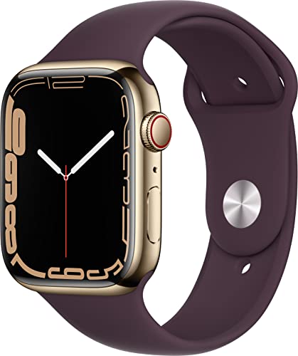 Image of Apple Watch Series 7 (GPS + Cellular, 45MM) - Gold Stainless Steel Case with Dark Cherry Sport Band (Renewed)