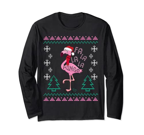 Fa La La Mingo Funny Flamingo Rosa en Santa Sombrero Navidad Manga Larga