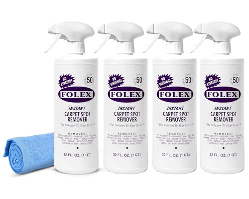 Image of FOLEX Instant Carpet Spot Remover 32 oz - Powerful Stain Remover for Carpets, Upholstery & Rugs - Eliminates Pet Stains, Grease, Red Wine, Food, Makeup & More - With Reusable Cleaning Cloth - 4 Pack
