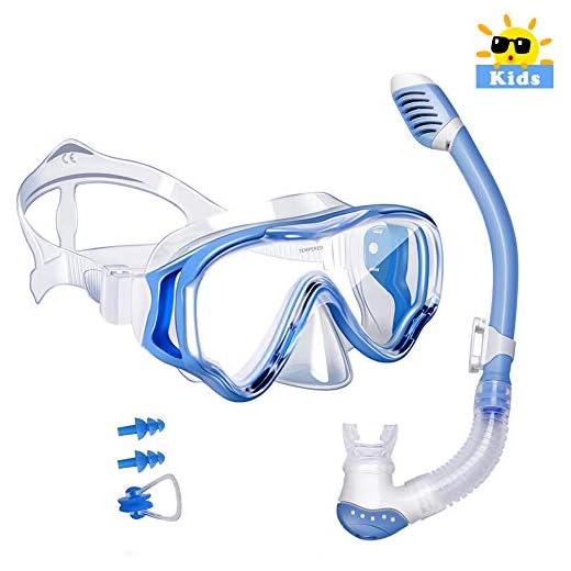 Powsure Kids Snorkel Set Dry Top Seaview Snorkel Mask for Children, Boys, Girls,Youth, Big Eyes Anti-Fog Coated Glass Snorkeling Mask, Easybreath with Silicon Mouth Piece for Swimming, Diving (Blue)