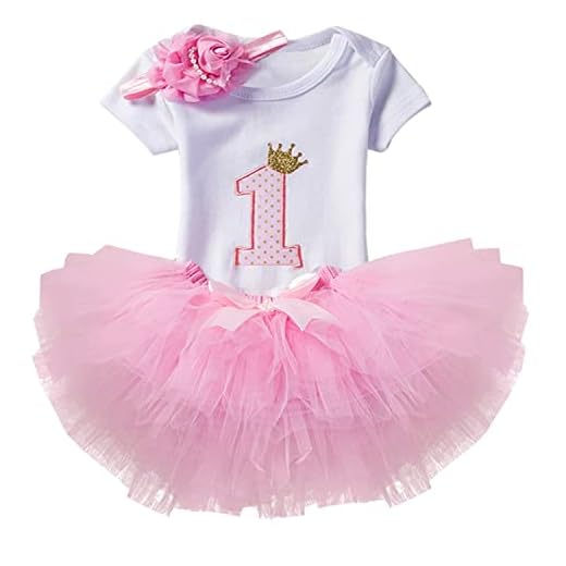 NNJXD Recién Nacida Tutú Primer Cumpleaños 3 Piezas Trajes Mameluco + Falda y Diadema Tamaño (1) 1 Año Rosa