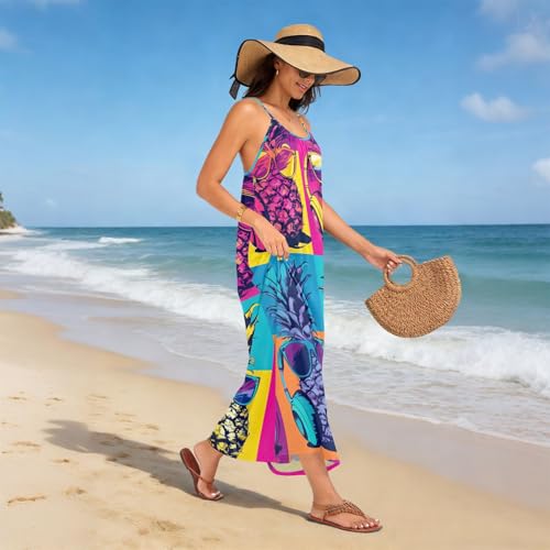Robe longue à bretelles spaghetti dos nu motif ananas