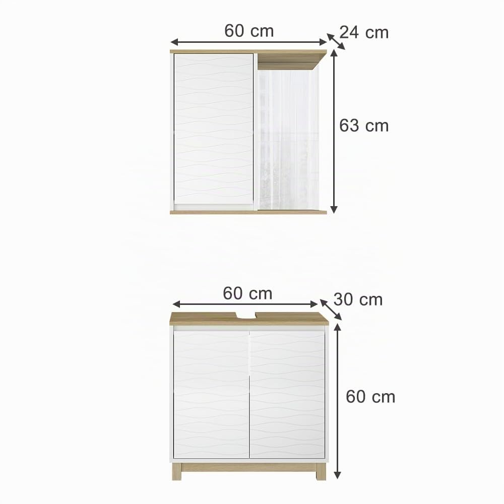 Vicco Set di mobili da bagno Livia, Bianco/quercia, 60 cm, composto da specchio da bagno e mobile sottolavabo