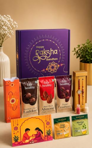 Image of Rakhi Gift Hamper, 9 Items, Raksha Bandhan Gift for Brother, Dry Fruits, Healthy Snacks, Herbal Tea, Roli Chawal, Greeting Card & Decorative Gift Box, Premium Gift Hamper Set