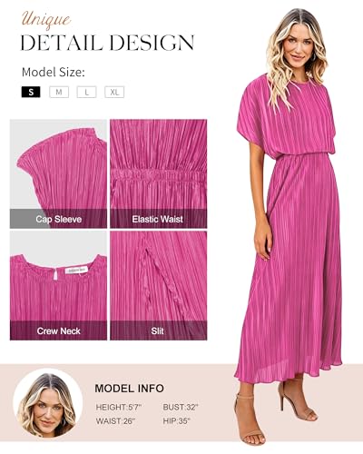 Image of ECOWISH Women Maxi Dresses Cocktail Party Wedding Guest Formal Pleated Long Dress Short Sleeve Slit Empire Waist Evening Gown