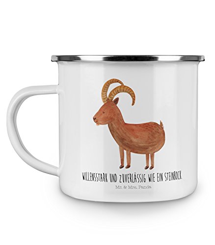 Mr. & Mrs. Panda Becher, Trinkbecher, Camping Emaille Tasse Sternzeichen Steinbock mit Spruch - Farbe Weiß