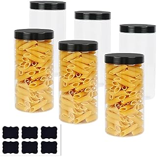 6 Pack 1000ml Round Plastic Jars with Black Lids,Yishik Clear Kitchen Food Storage Containers, Airtight BPA Free Storage Jars for Pasta/Beans/Cookies Storage,Slime Making and DIY(6pcs Labels included)