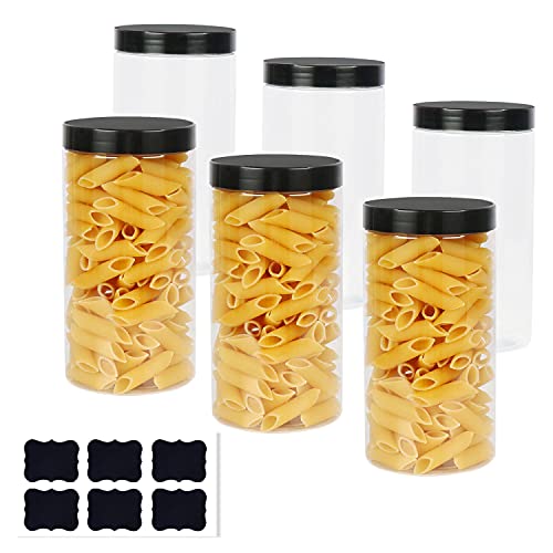 6 Pack 1000ml Round Plastic Jars with Black Lids,Yishik Clear Kitchen Food Storage Containers, Airtight BPA Free Storage Jars for Pasta/Beans/Cookies Storage,Slime Making and DIY(6pcs Labels included)