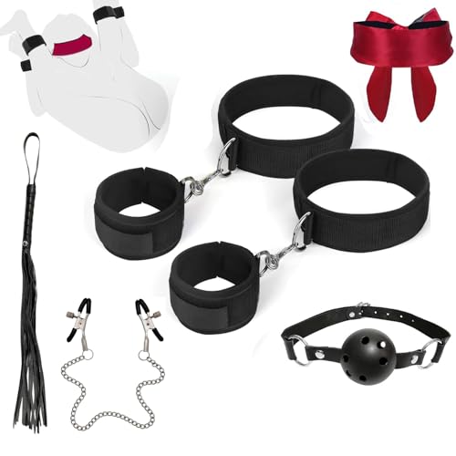 BDSM Bondage Set Fesselset Sex Spielzeug mit Einstellbar Handschellen Fußfesseln,PU Lederpeitsche,Nippelklammern und Augenbinde Mundknebel für Sex Bondage Liebhaber die Paare Extrem SM Rollenspiel