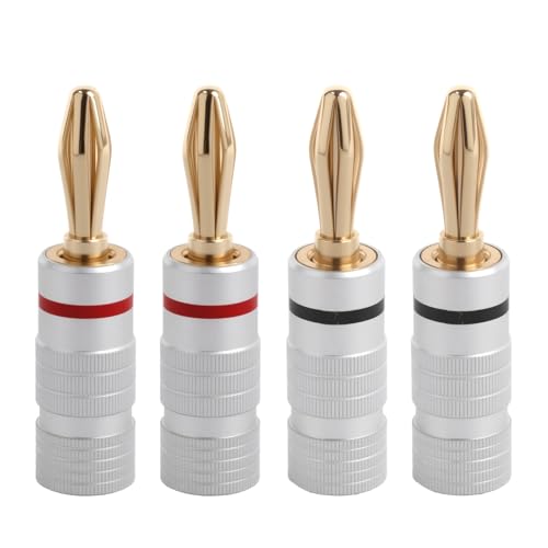 4 PCS 24k Gold Plated Banana Plug Set Speaker Wire Connectors Speaker Banana Plugs 4mm 12 AWG to 18 AWG Gauge Size Audio Wire Connectors for Hi-Fi AV Receiver Stereo Home Theatre (2 Pairs)