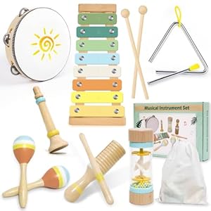 Musical Instruments for Toddlers 1-3, Wooden Montessori Musical Toys Set for Baby 1 Year Old with Boho Xylophone/Drum, Kids Preschool Educational Christmas Birthday Gifts for Girl Boy