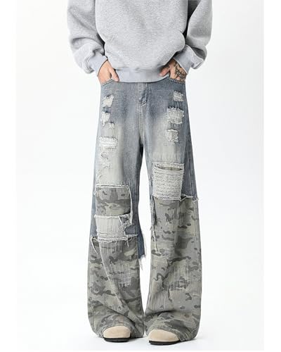 Mens Straight Jeans Mid-Rise Loose Casual Stitching Wide-Leg Raw Edge Fashion Mopping Trousers with Pockets3