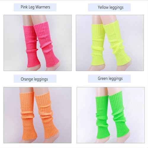 80er 90er Damen Beinwärmer Stulpen Legwarmers Neon Strümpfe Gestrickte,4 Stück Bein Stulpen Schweißband Set, Aerobic Kostüm Accessoires für Karneval Mottoparty Tanzen (Rose Gelb Grün Orange)