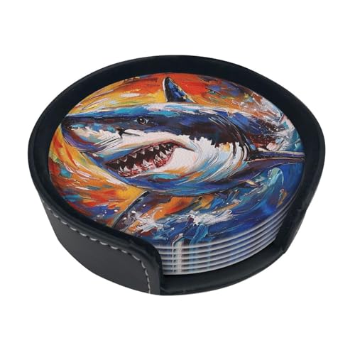 Image of White Shark Colorful Swirls Ocean Sea Abstract Round Pu Leather Coasters Set Of 6 With Holder, 10 Cm Drinks Mats For Cups, Mugs And Glasses