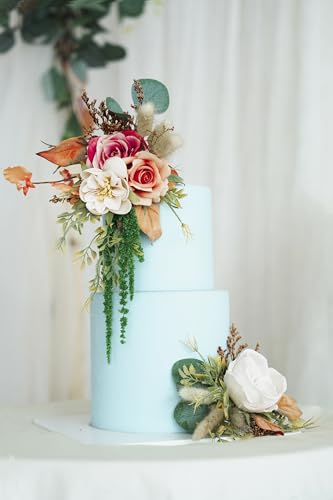 Set de dos toppers para pastel de boda con flores artificiales miniatura 2