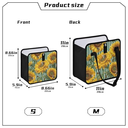 Image of Car Trash Can Organizer Bin with Adjustable Strap for Back Front Seat Console Waterproof Leakproof Collapsible Portable 8.66 Inch Green Striped Sunflowers and Honey Bees