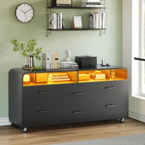 SEDETA 6 Drawer File Cabinet with Power Strip 47 Wood Mobile Lateral Filing Cabinet fits Legal/Letter/A4 Size for Home Office Printer Stand with Storage Shelf and Led Lights Black