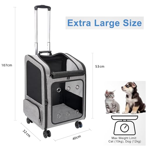 FASRIOU Großer Hundetransportbox mit Rollen, Faltbarer Transportbox Katze Groß, Hunderucksack bis 15 kg, Transportboxen für große Katze und kleine Hunde mit transparentem Fenster, Grau