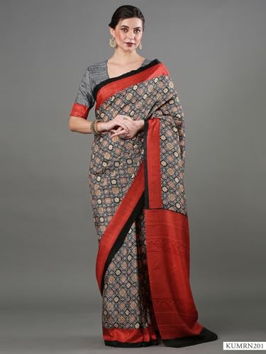 Image of SAREE MALL Women's Ajrak Block Print Dola Silk Saree With Unstitched Blouse Piece