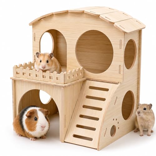 Large Guinea Pig Hideout Place, Double Layered Wooden Hamster House with ramp and Hamster Platform. Suitable for Hiding Places for Small Animals Such as Guinea Pigs, Hamsters, Rabbits, etc.