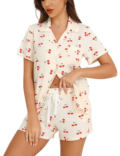 Image of Anjue Womens Pajamas Set Short Sleeve Button Down Soft Pj Sets S-XXL | V neck,Pyjamas,Modal,Wedding,Pijamas de mujer,Bridal party,,Viscose,Knit,Cute,Lounge,Lightweight,Nursing,Holidays
