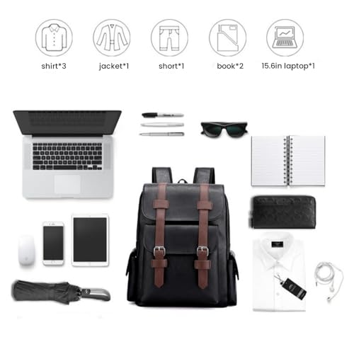 FUNSEED Mochila para hombre, gran capacidad, bolsa para laptop de 15.6 pulgadas, bolsa de hombro de piel sintética vintage para viajes y trabajo, Negro, L - imagen 4