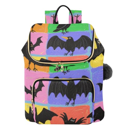 KLL Halloween Cartoon Crows and Bats Colorful Plaid Backpacks for Women Cute Waterproof Daily Travel Backpack for Shopping Sports Travel