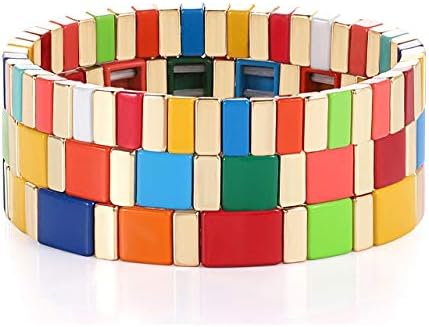 ANGLESJELL Enamel Tile Bracelets Rainbow Tile Bead Bracelets Elastic Colorful Rectangle Beaded Stretch Bracelets for Women Stackable Colorblock Layered Bangle Bracelets for Men Girls (Style B1)