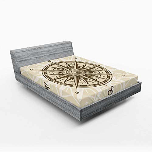 Ambesonne Compass Fitted Sheet, Sun Motif Backdrop with Windrose Directions East West North South Navigation, Bed Cover with All-Round Elastic Deep Pocket for Comfort, Queen Size, Olive Green Beige