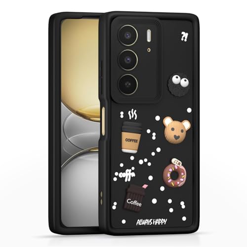 Image of Bintage Cute Fun Taddy Cartoon 3D Ball Bear Milk Donut Coffee Cup Silicon Case Full Body & Camera Protection Back Cover Compatible for Realme Narzo 80x 5G - Black