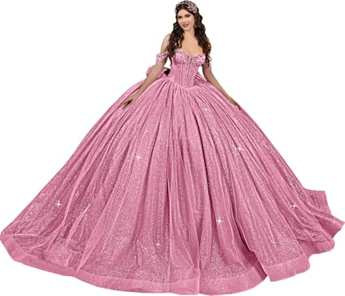 Fuomomo Vestidos de quinceañera con Brillo Lazo abullonados Cuentas Hombros Descubiertos Elegantes Vestidos de 16 años MT056