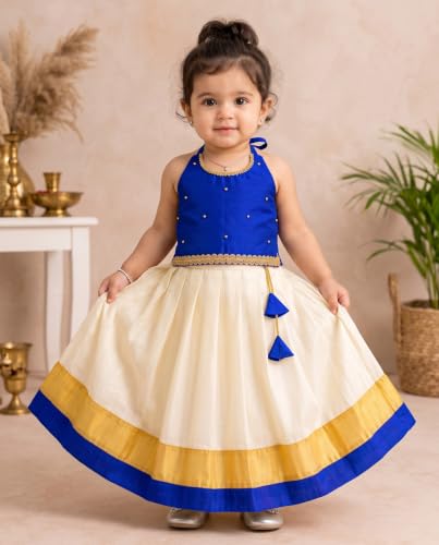 Image of Stanwells Kids Baby Girl Dress Cream Gold Pattu Pavadai Cotton Silk Lehenga Choli Kerala Kasavu South Indian Onam Festival Traditional Ethnic Wear