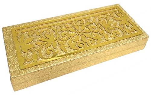Image of SHAKTISM Golden Flower Decorative Cash Box, Shagun, Jewellery Money Envelop Wedding, Gift, Bangel Box (Pack of 1Pc) (Antique Style, Rectangular, One Size, 20x8.5x3 cm, 80g, Hook and Loop Closure)