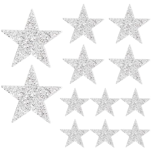 12pcs Star Iron On Patches Rhinestone Silver Adhesive Applique Stickers Sequin Vintage Patch Fabric Patch Stars Glitter Crystal Patches for Clothing Jeans Jackets Caps Dress Bag DIY Clothing Repair