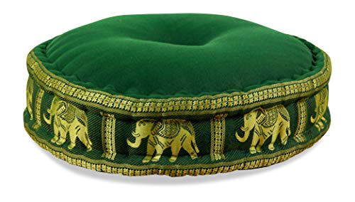 livasia Colourful Zafu Meditation Cushion for Yoga filled with 100% organic Kapok Seat Thai Silk (dark green elephant)