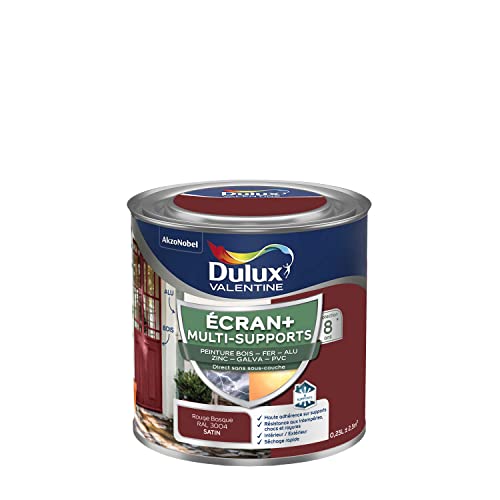 Dulux Valentine ECRAN+ MULTI-SUPPORTS EXTERIEURE - Peinture en Phase Aqueuse pour l'Éxtérieur et l 'Intérieur - Satin Rouge Basque 0,25 L