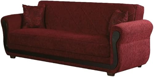 BEYAN Park Avenue Collection Traditional Large Folding Sofa Sleeper Bed with Storage Space and Includes 2 Pillows, Red, Quilt Design