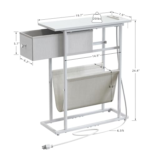 Image of EXOTICA Narrow Side Table for Small Spaces Slim White End Table with Magazine Holder Nightstand with Charging Station and Fabric Drawer 2 in 1 Design Sofa Side Table for Living Room Bedroom