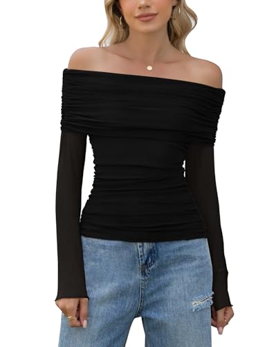 Womens Fixed Off The Shoulder Mesh Long Sleeve Tops Sexy Going Out Shirts Ruched Slim Fitted Blouse Trendy Outfits