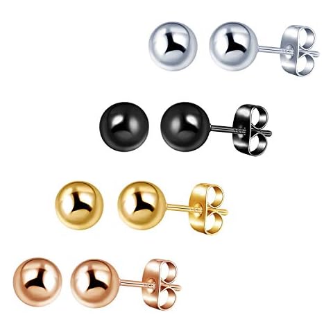 4 Pairs Stainless Steel Ball Stud Earrings for Women Men Round Ball 6mm 4 Colors Cover