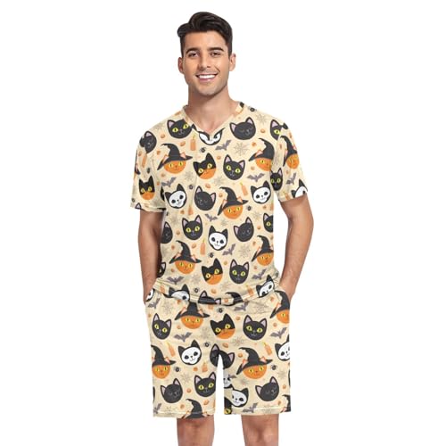 Laprad Halloween Cat Pajamas Set Men's Short Sleeve Sleepwear Two Piece Comfortable Loungewear V-Neck with Pockets M