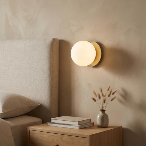 BARCELONA LED Applique Murale Boule en Verre Blanc Ø15 cm avec Base Doré en Métal, Lampe Murale Vintage et Moderne, Style Minimaliste et Luxe pour Salle de...