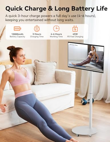 Image of HotYeah Portable Smart TV on Wheels, EDLA-Certified, 23.8 inch 1080P 2-in-1 Rolling TV & Monitor, w /Built-in 10000mAh Battery, Support Voice Control, USB-C & HDMI, Full Swivel Rotation (White)