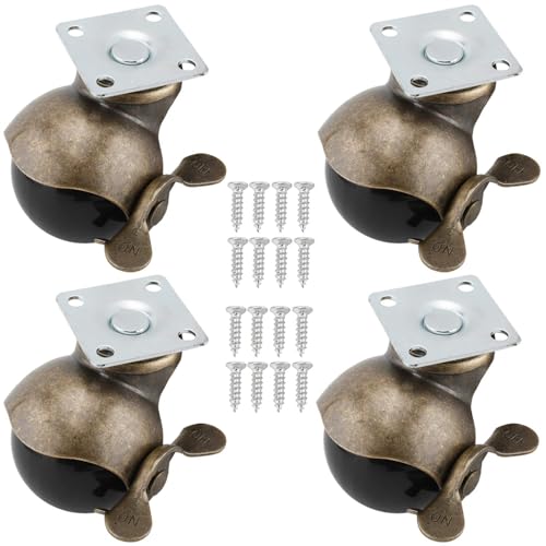 Homend 4-Pack 1.5 Inches Ball Caster Wheels with Brake 360 Degree Antique Brass Top Plate Casters for Furniture Cabinets Wheelchairs (4 Pack, 1.5Inch Top Plate, with Brake)