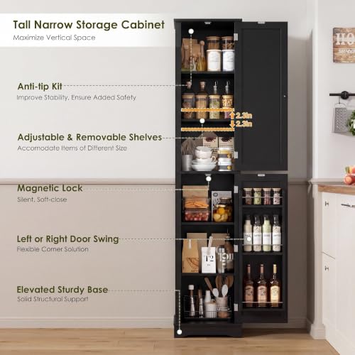 Image of 71 inch Tall Narrow Storage Cabinet with Reversible Doors, Small Pantry, Black